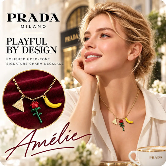 Prada gold-tone pendant necklace with triangle, red rose and yellow banana motifs on a blonde model
