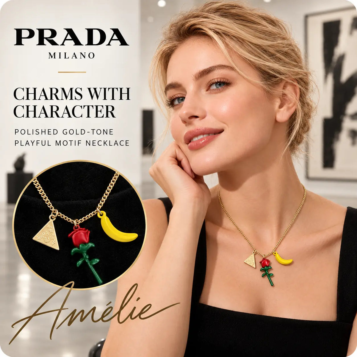 Prada gold-tone necklace with red rose, yellow banana and triangle pendants worn by a blonde model