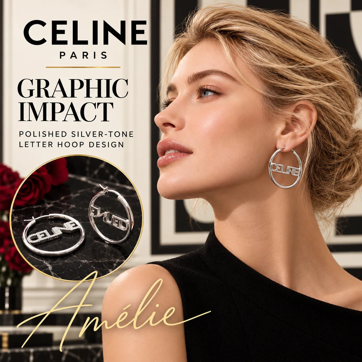 CELINE Silver-Tone Letter Hoop Earrings — model view with circular product close-up