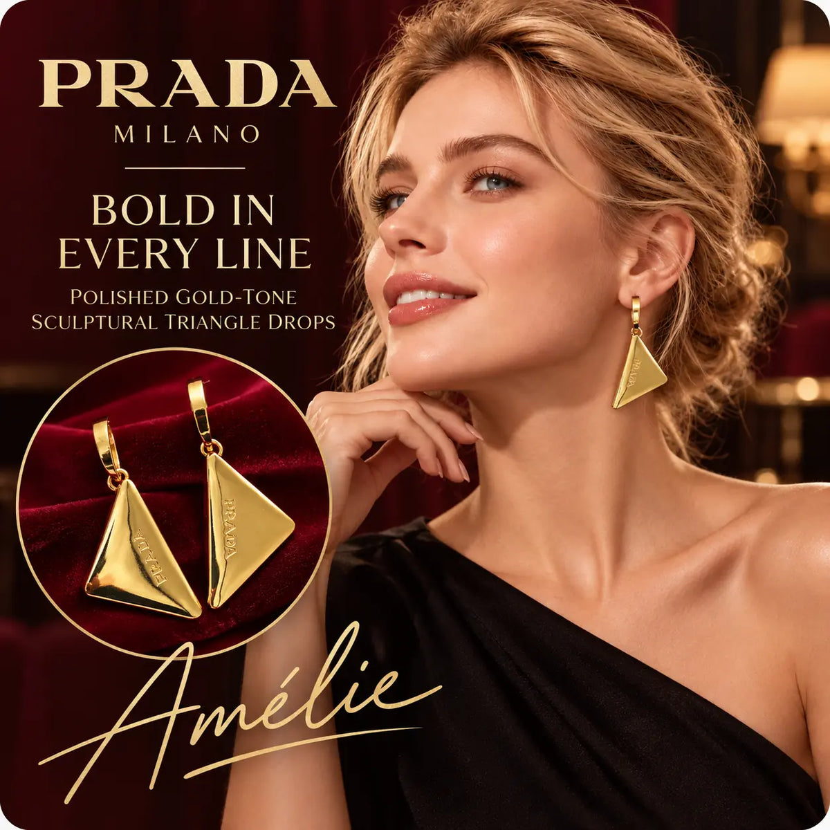 Prada gold-tone sculptural triangle drop earrings worn by a blonde model in a burgundy evening salon