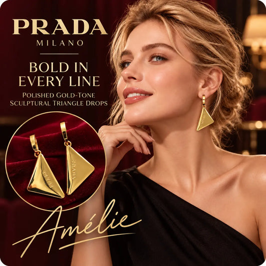 Prada gold-tone sculptural triangle drop earrings worn by a blonde model in a burgundy evening salon