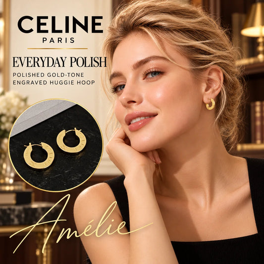 CELINE Gold-Tone Engraved Huggie Hoop Earrings — model view with circular product close-up
