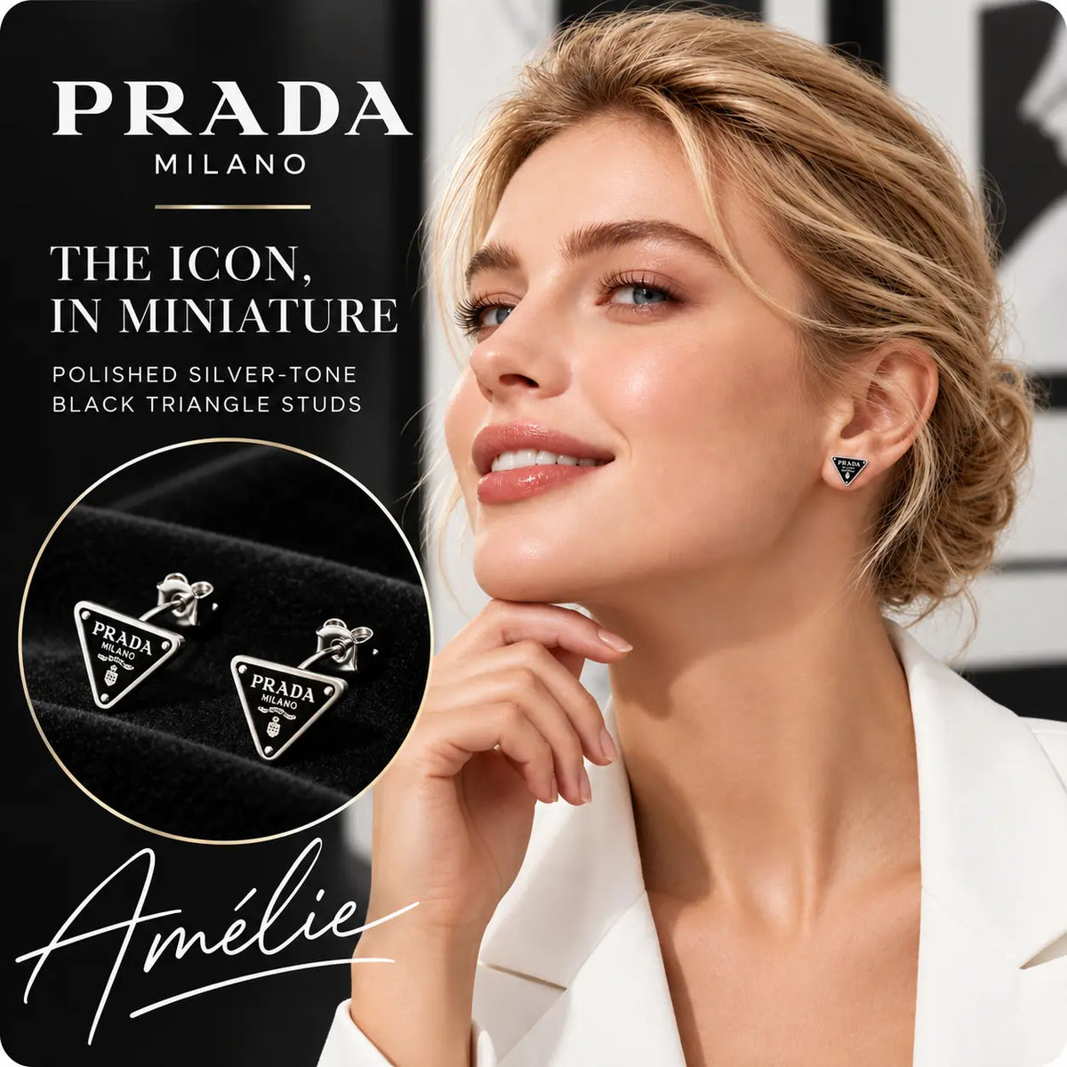 Prada black and silver-tone triangle stud earrings worn by a blonde model in a modern gallery
