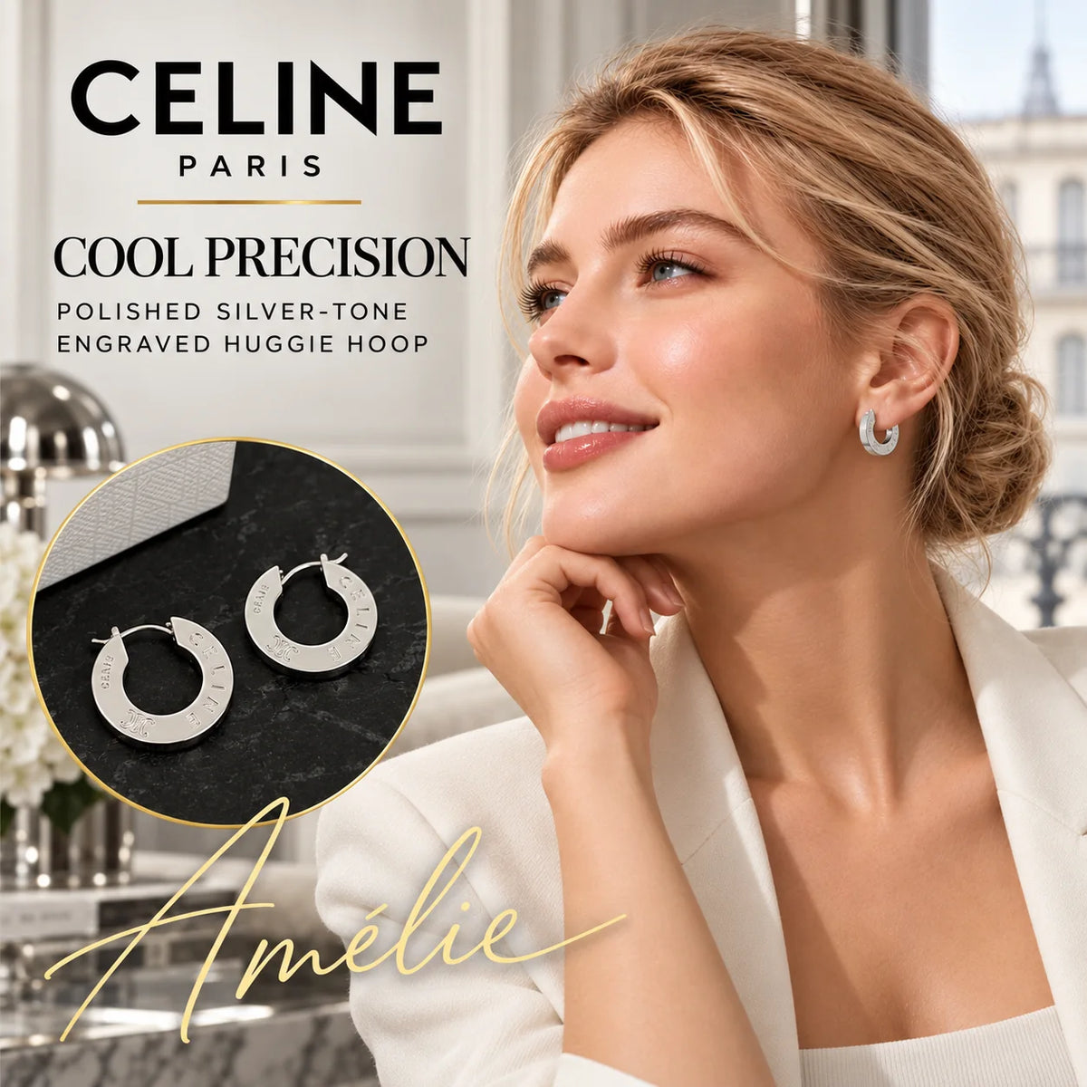 CELINE Silver-Tone Engraved Huggie Hoop Earrings — model view with circular product close-up