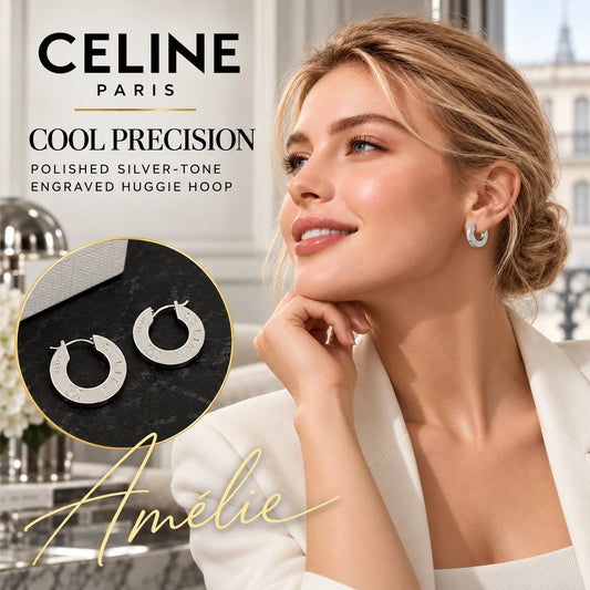 CELINE Silver-Tone Engraved Huggie Hoop Earrings — model view with circular product close-up
