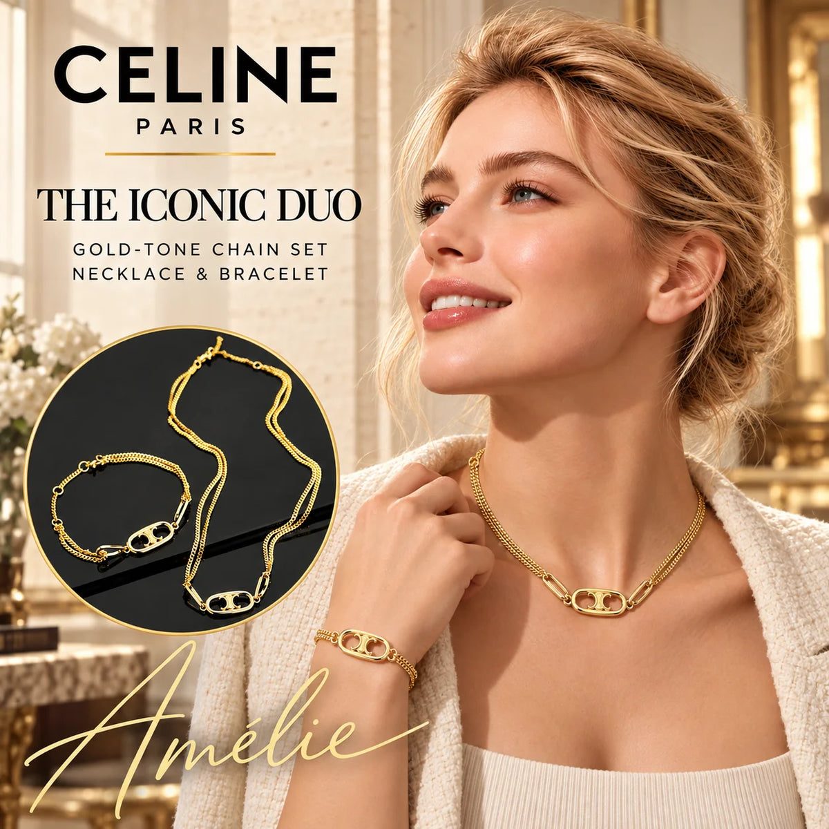 CELINE Gold-Tone Emblem Necklace & Bracelet Set — model view with circular product close-up