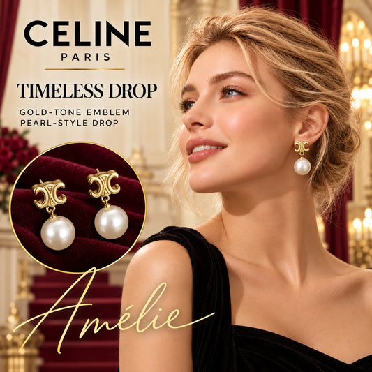 CELINE Gold-Tone Emblem Pearl-Style Drop Earrings — model view with circular product close-up