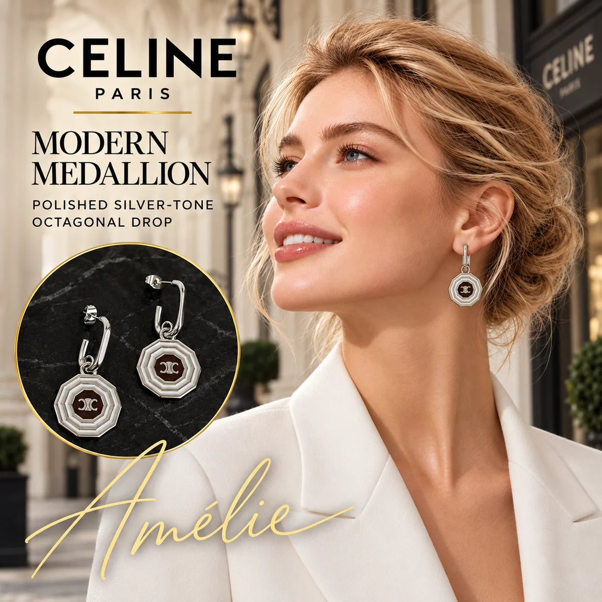 CELINE Silver-Tone Octagonal Emblem Drop Earrings — model view with circular product close-up