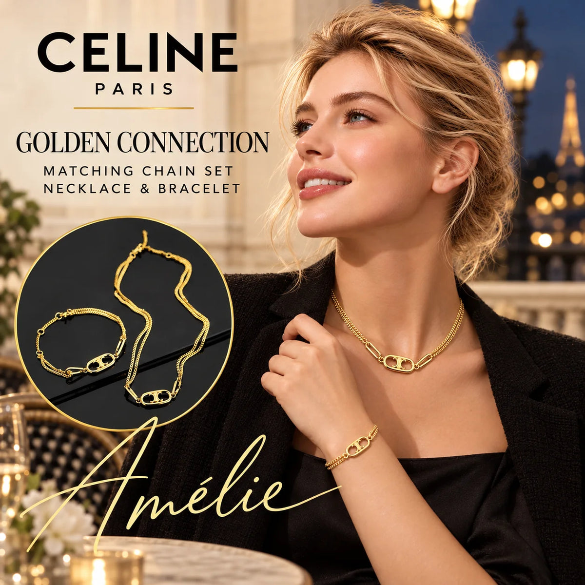 CELINE Gold-Tone Emblem Necklace & Bracelet Set – Evening Edit — model view with circular product close-up