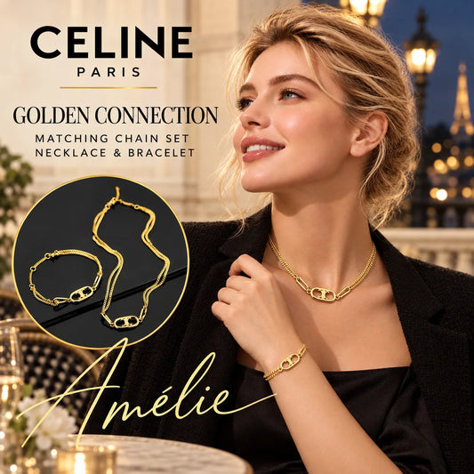 CELINE Gold-Tone Emblem Necklace & Bracelet Set – Evening Edit — model view with circular product close-up