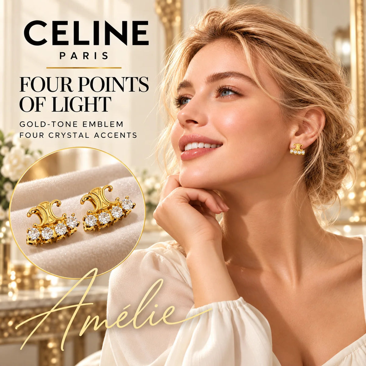 CELINE Gold-Tone Four-Crystal Emblem Stud Earrings — model view with circular product close-up