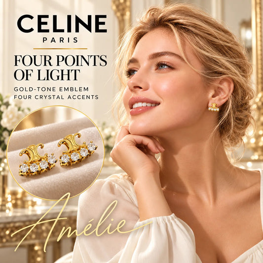 CELINE Gold-Tone Four-Crystal Emblem Stud Earrings — model view with circular product close-up