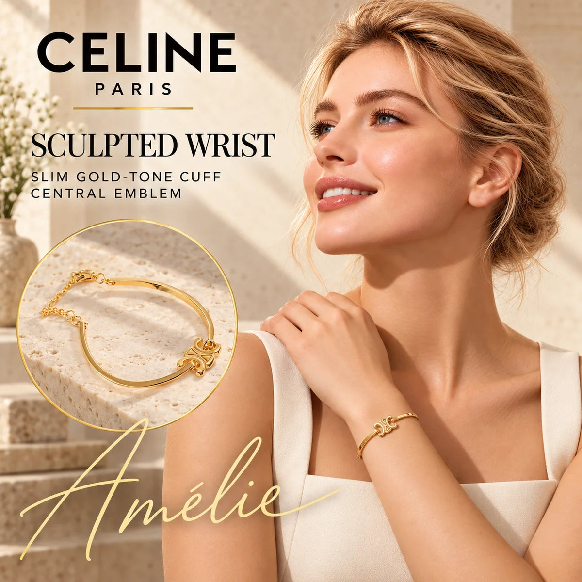 CELINE Gold-Tone Emblem Cuff Bracelet — model view with circular product close-up