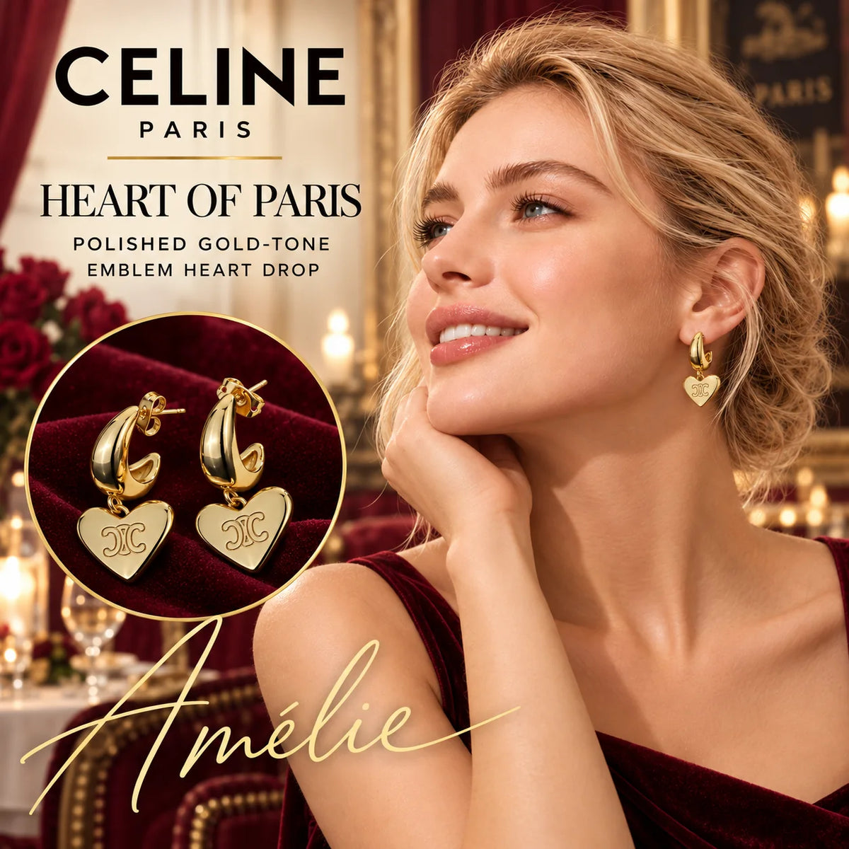 CELINE Gold-Tone Heart Emblem Hoop Earrings – Evening Edit — model view with circular product close-up