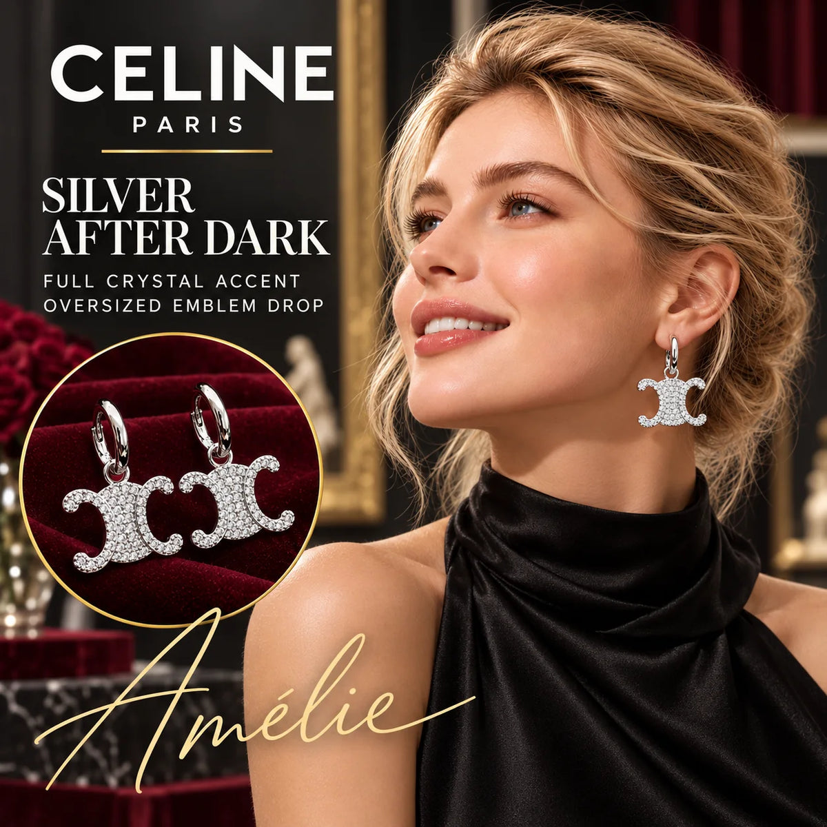 CELINE Silver-Tone Crystal-Pavé Emblem Drop Earrings — model view with circular product close-up