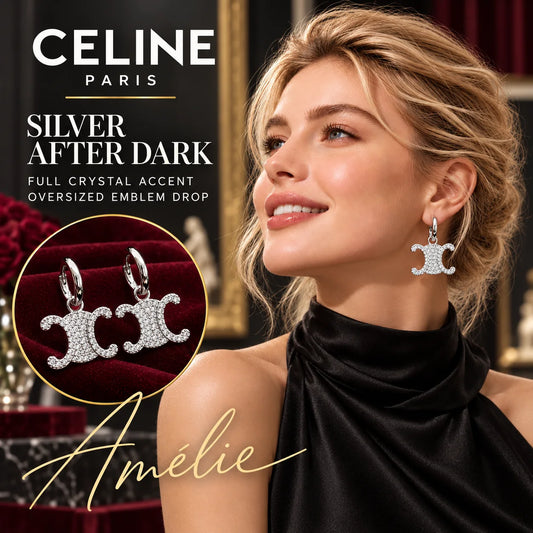 CELINE Silver-Tone Crystal-Pavé Emblem Drop Earrings — model view with circular product close-up