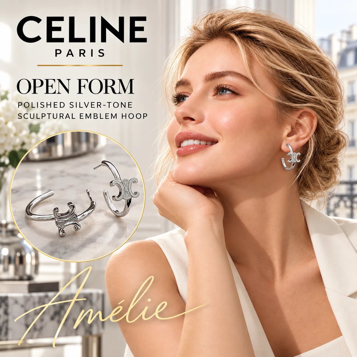 CELINE Silver-Tone Open Emblem Hoop Earrings — model view with circular product close-up