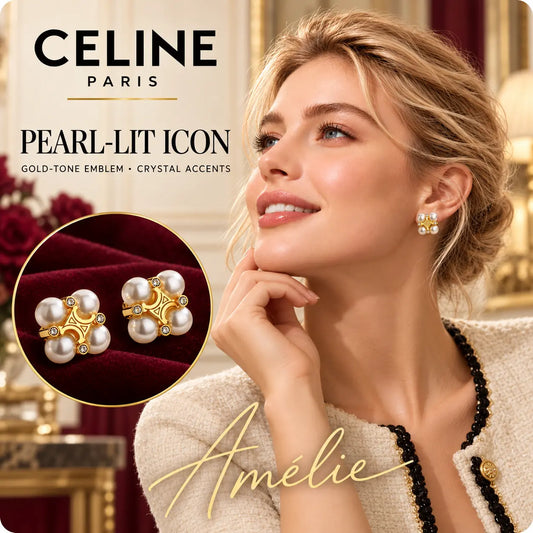 CELINE Gold-Tone Pearl-Style Crystal Emblem Cluster Stud Earrings — model view with circular product close-up