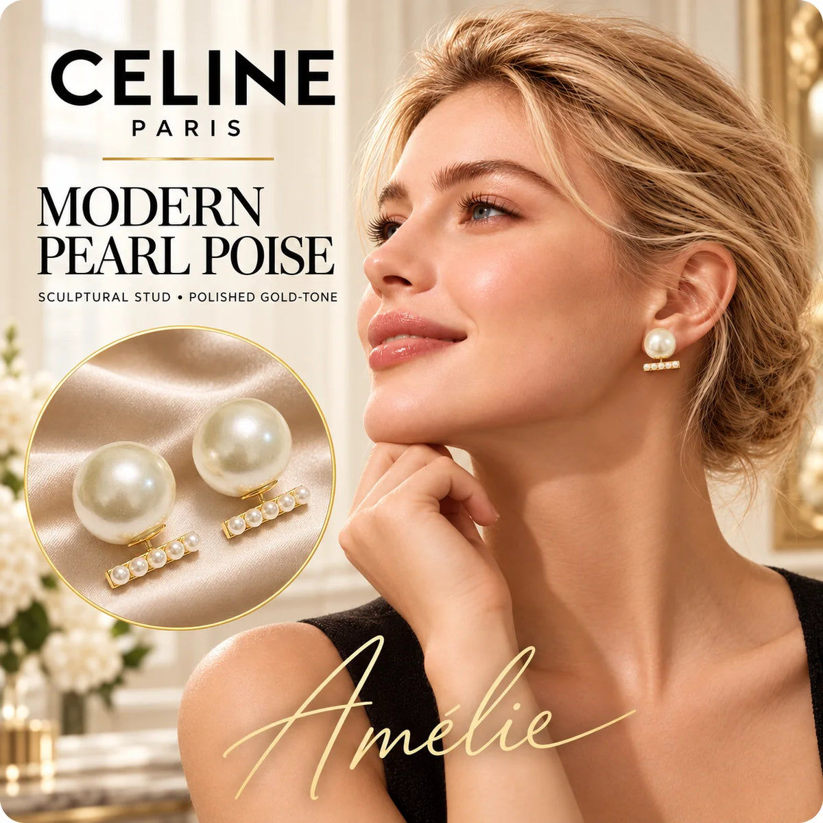 CELINE Pearl-Style Bar Stud Earrings — model view with circular product close-up