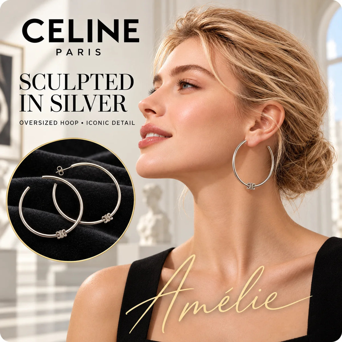 CELINE Silver-Tone Oversized Emblem Hoop Earrings — model view with circular product close-up