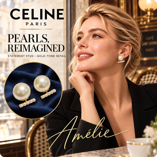 CELINE Pearl-Style Bar Stud Earrings – Café Edit — model view with circular product close-up