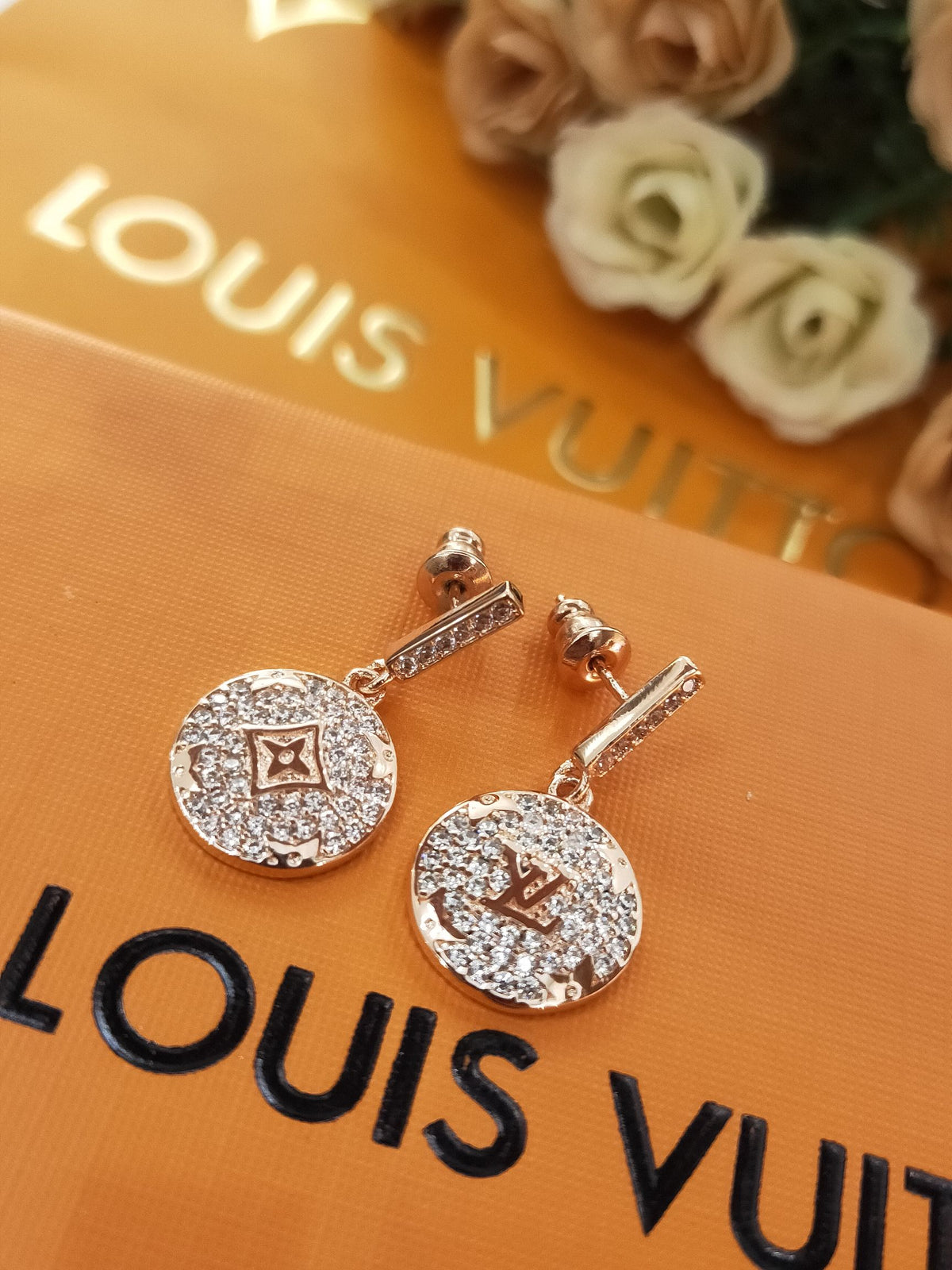 gold crystal clover Drop Earrings for women - product detail view