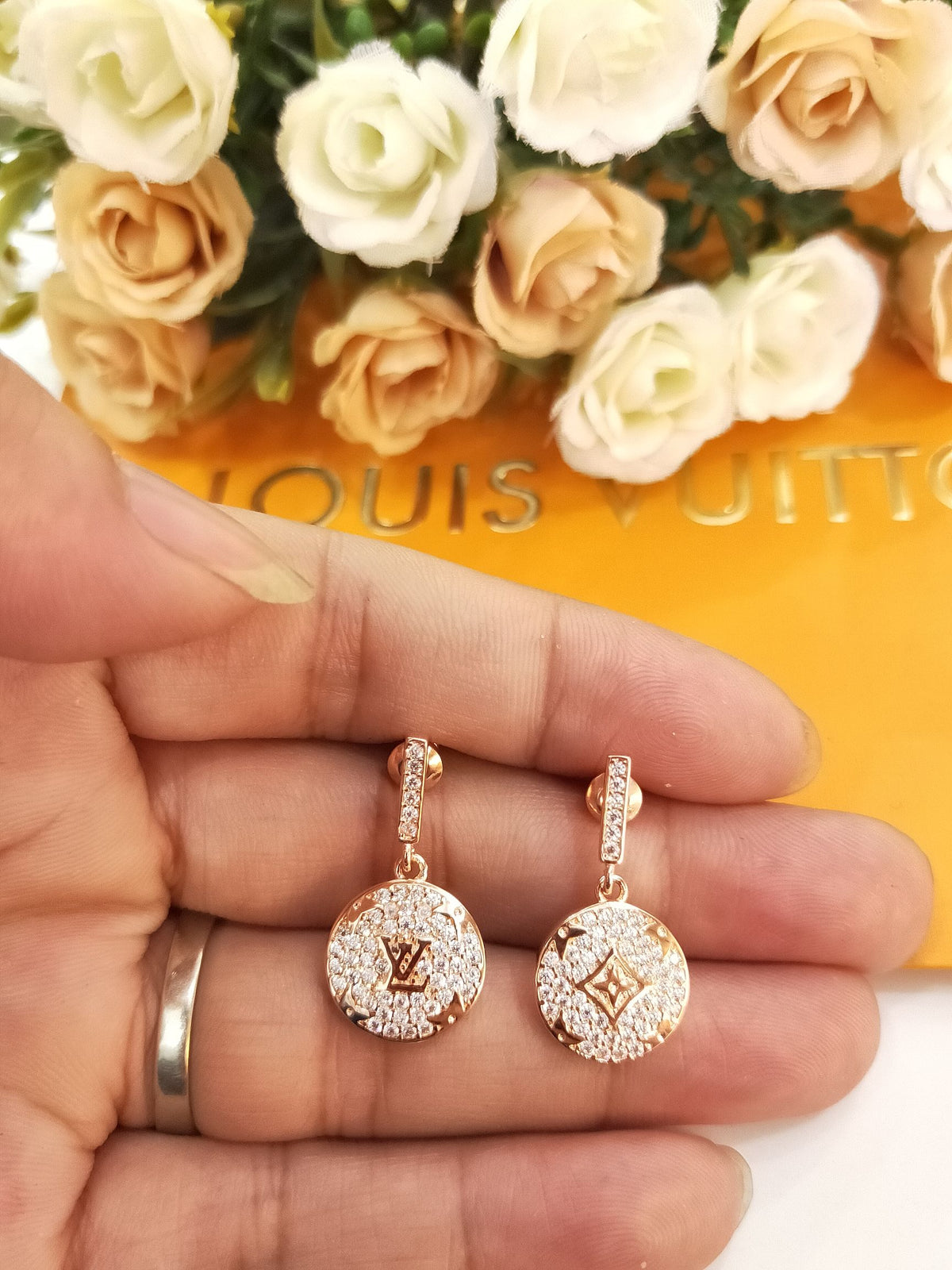 gold crystal clover Drop Earrings for women - alternate angle view 4
