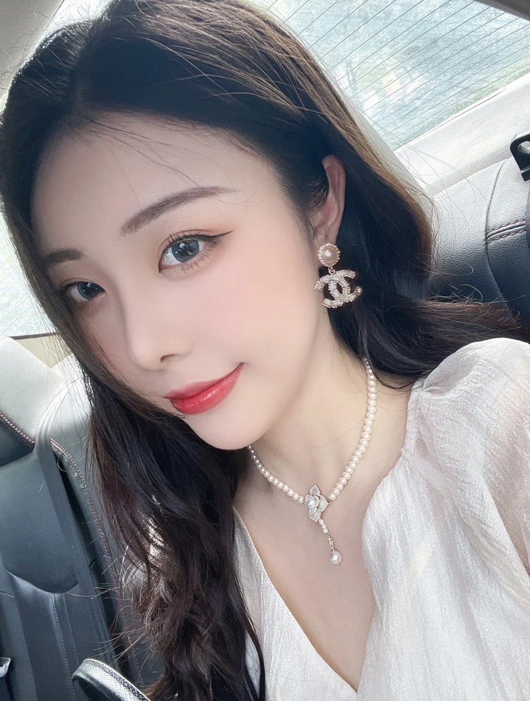 pearl floral Stud Earrings for women - alternate angle view 2