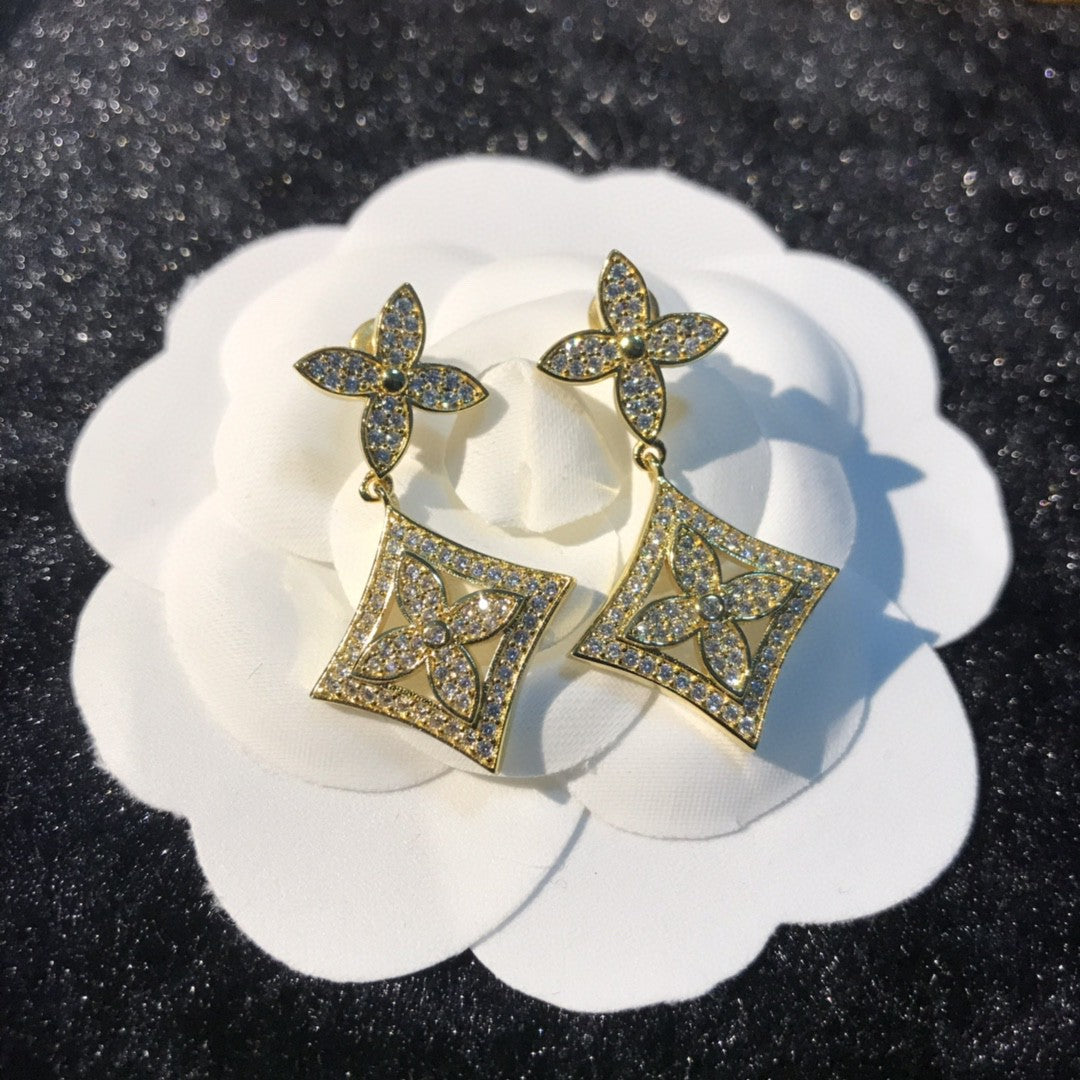 gold crystal clover Drop Earrings for women - alternate angle view 2