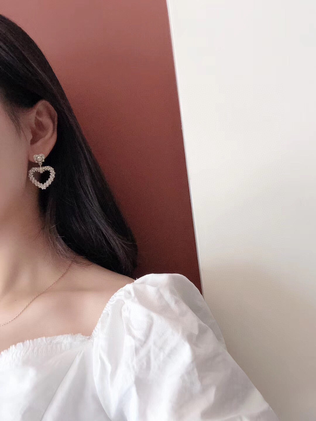 beige pearl heart Drop Earrings for women - alternate angle view 4