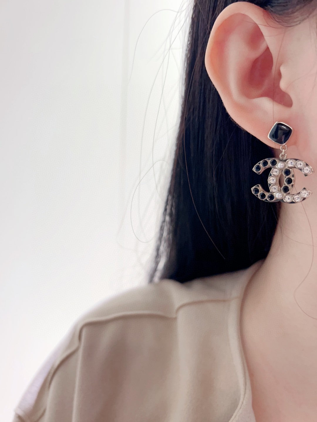 black and white brass letter Drop Earrings for women - alternate angle view 6