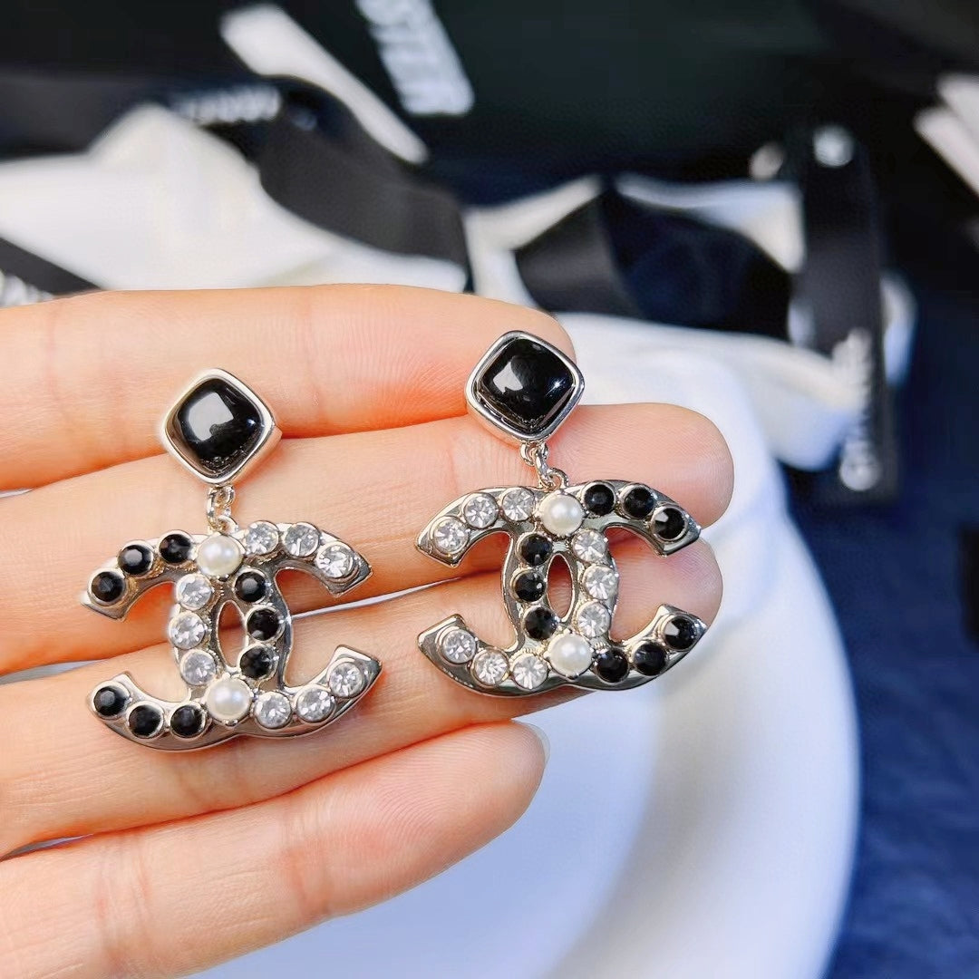 black and white brass letter Drop Earrings for women - alternate angle view 4