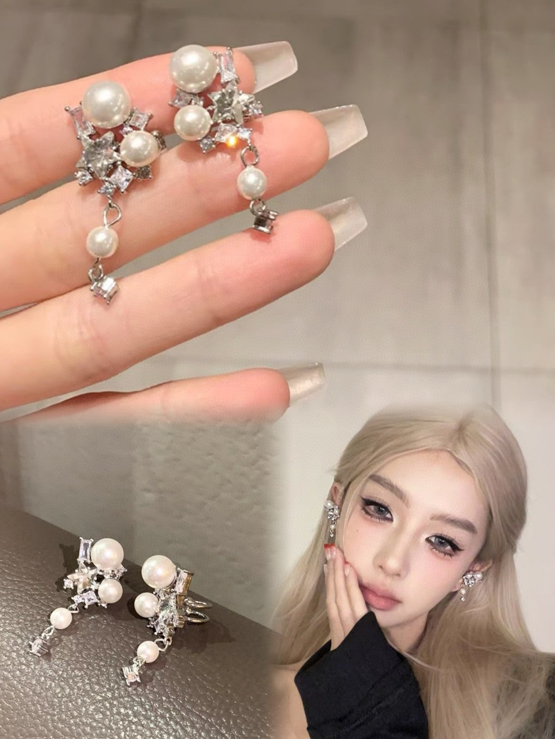 pearl inlaid Stud Earrings for women - alternate angle view 9