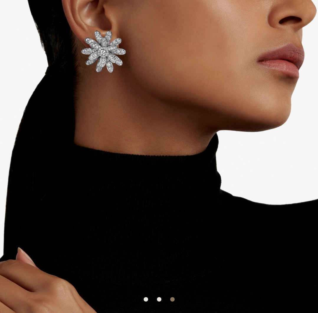 gold cubic zirconia floral Stud Earrings for women - alternate angle view 2
