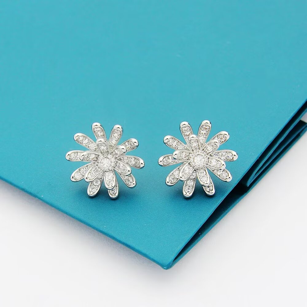gold cubic zirconia floral Stud Earrings for women - alternate angle view 5