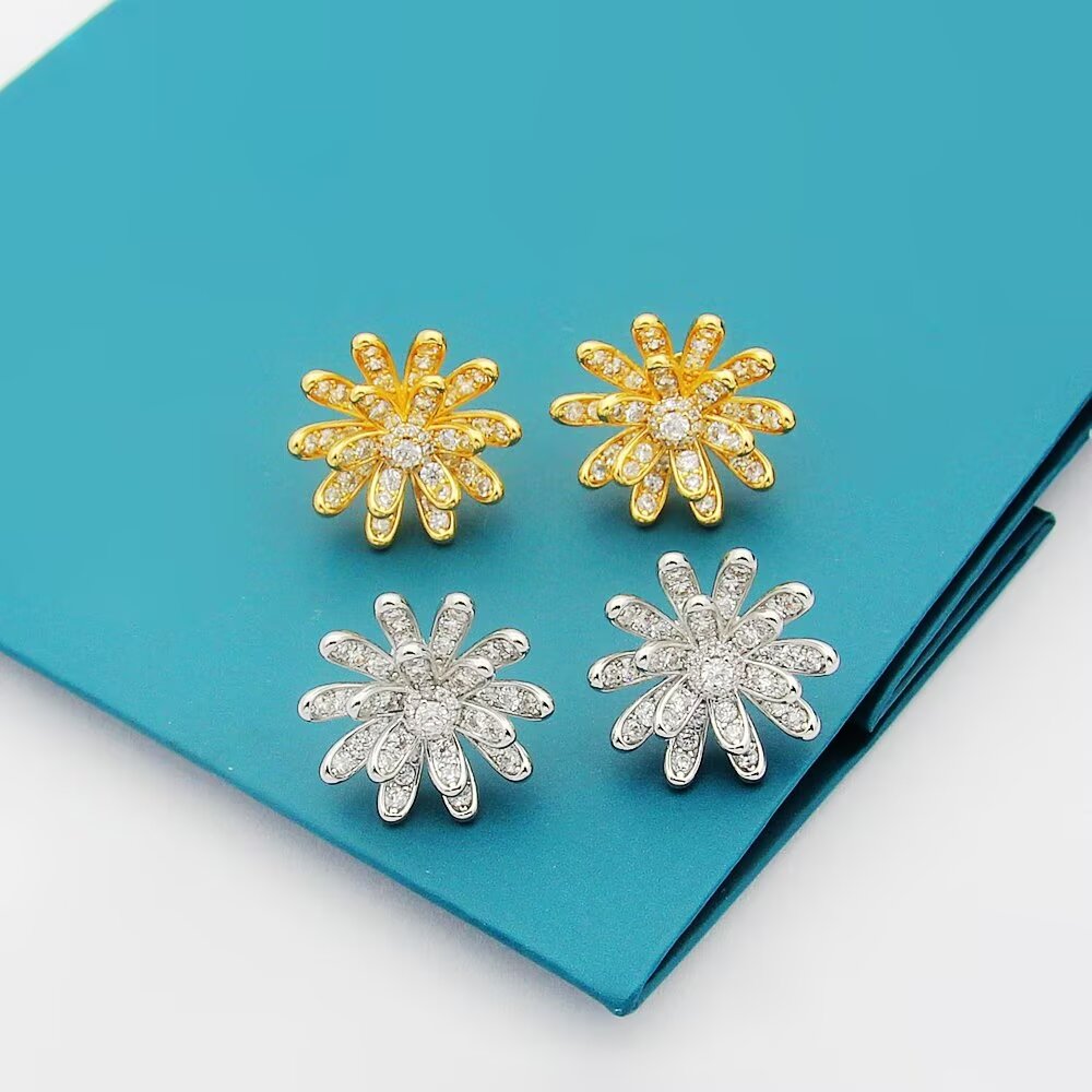gold cubic zirconia floral Stud Earrings for women - alternate angle view 4