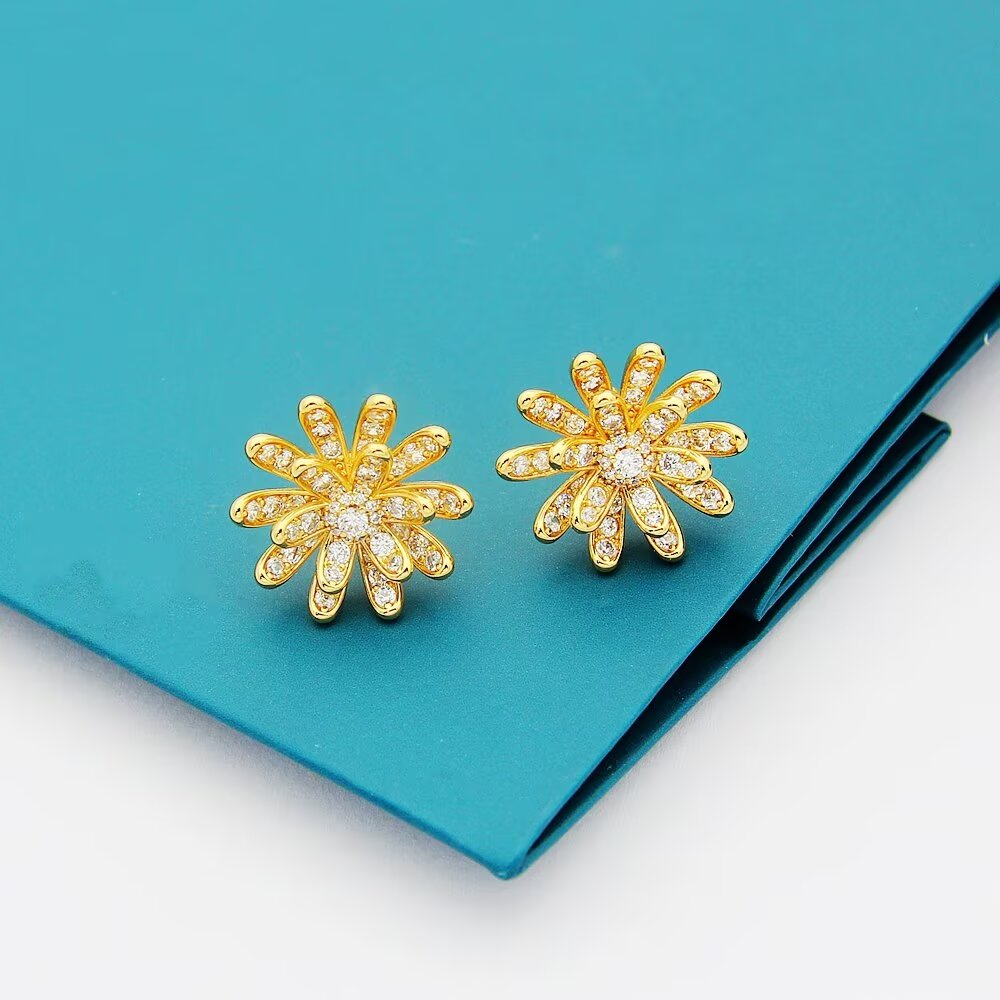 gold cubic zirconia floral Stud Earrings for women - alternate angle view 6