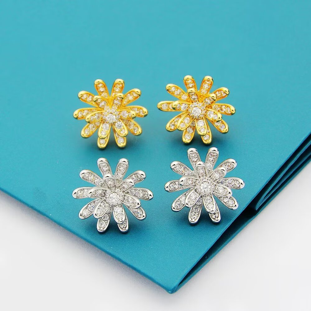 gold cubic zirconia floral Stud Earrings for women - alternate angle view 3