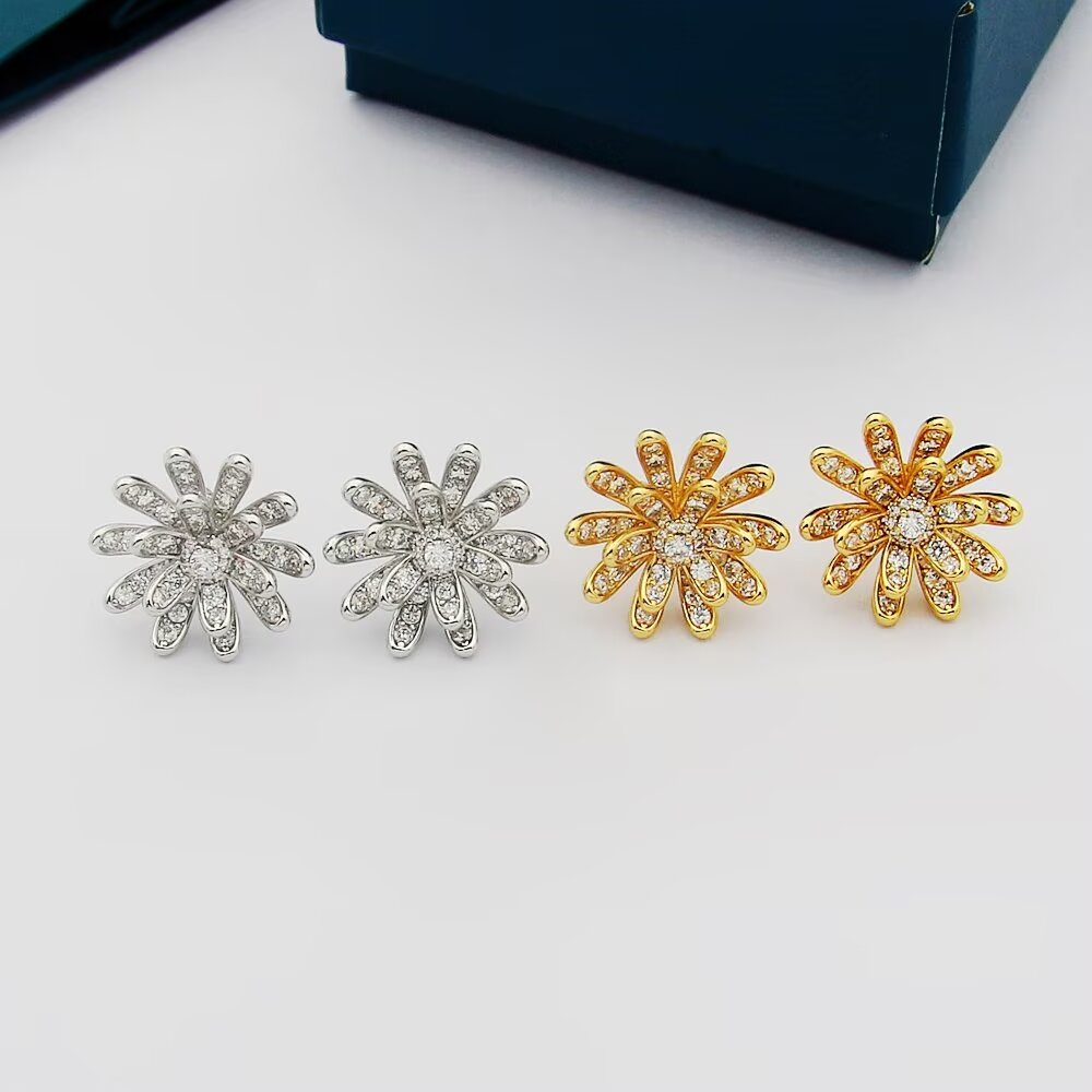 gold cubic zirconia floral Stud Earrings for women - alternate angle view 7