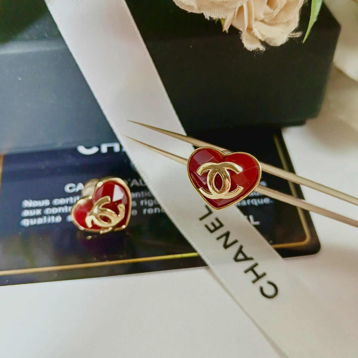 red silver post heart Drop Earrings for women - alternate angle view 4