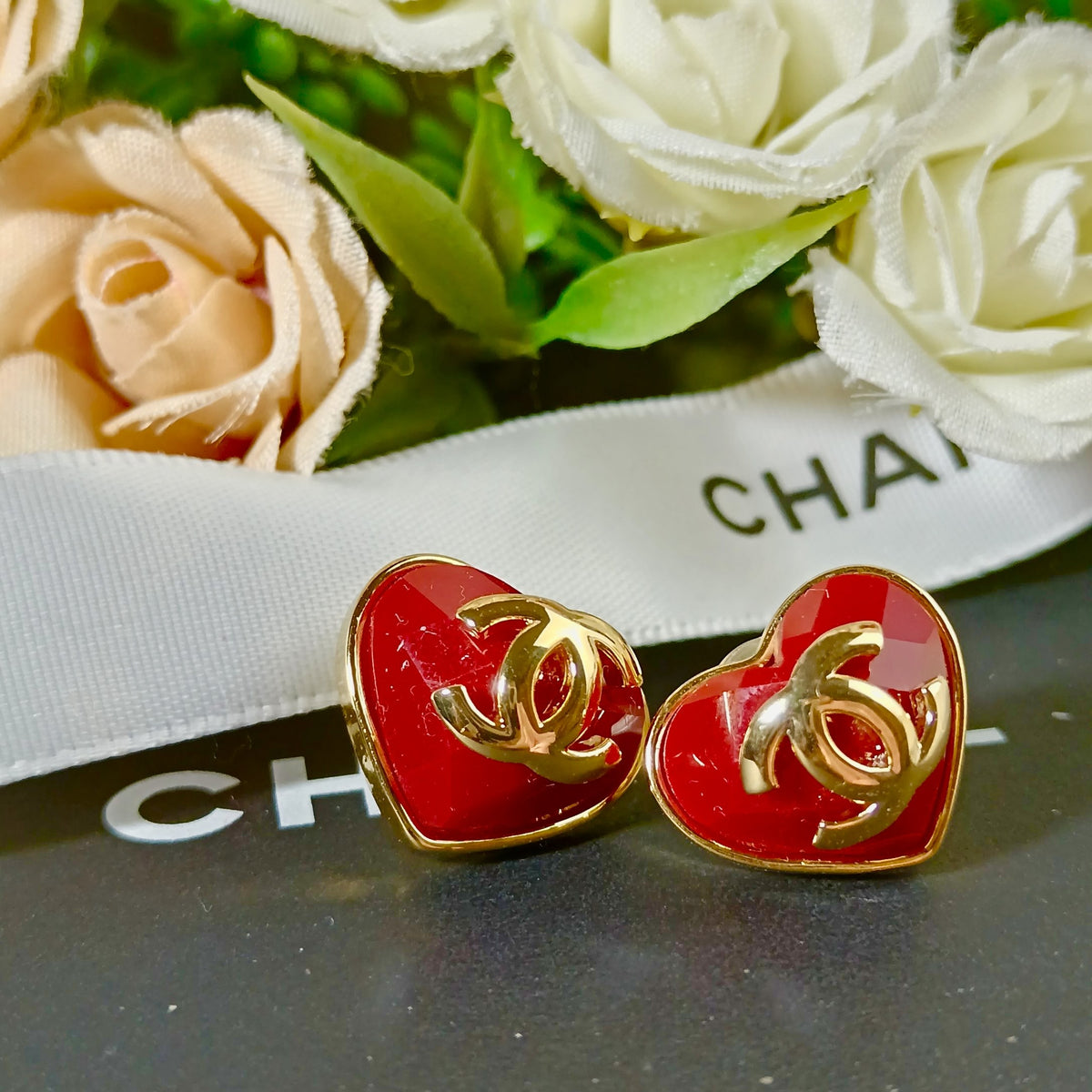 red silver post heart Drop Earrings for women - product detail view