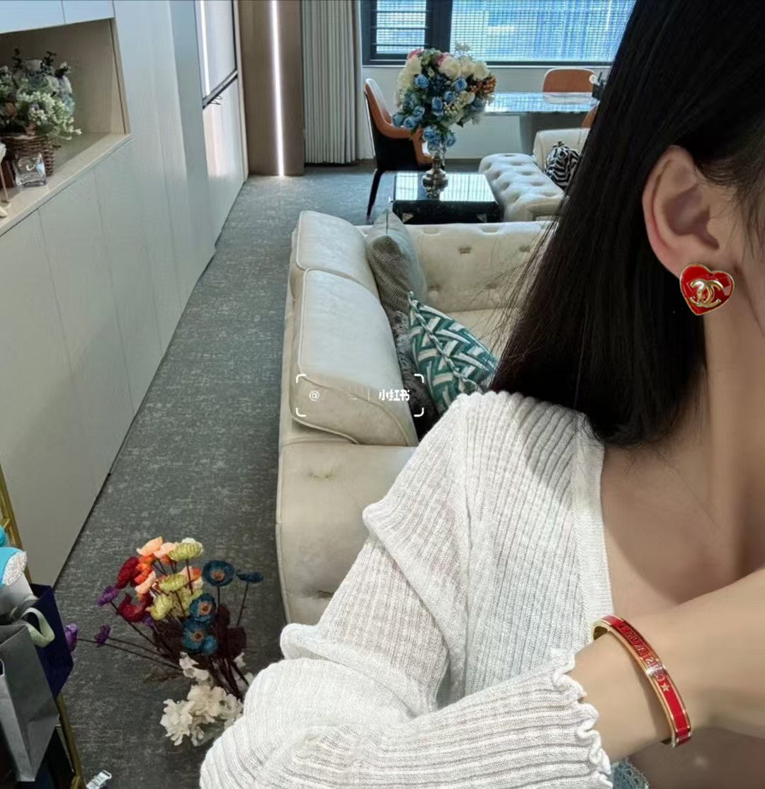 red silver post heart Drop Earrings for women - alternate angle view 2