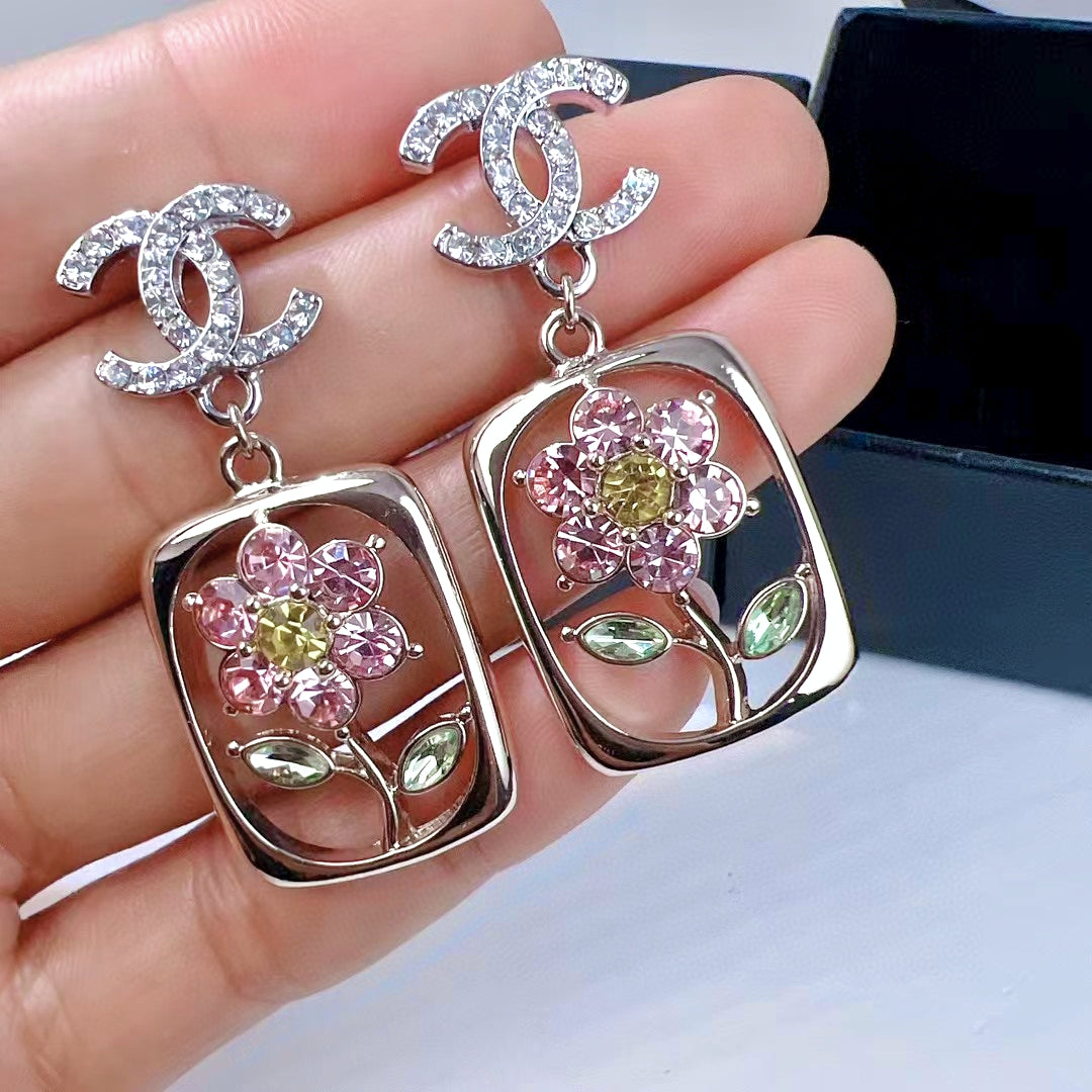 gold crystal floral Drop Earrings for women - alternate angle view 4
