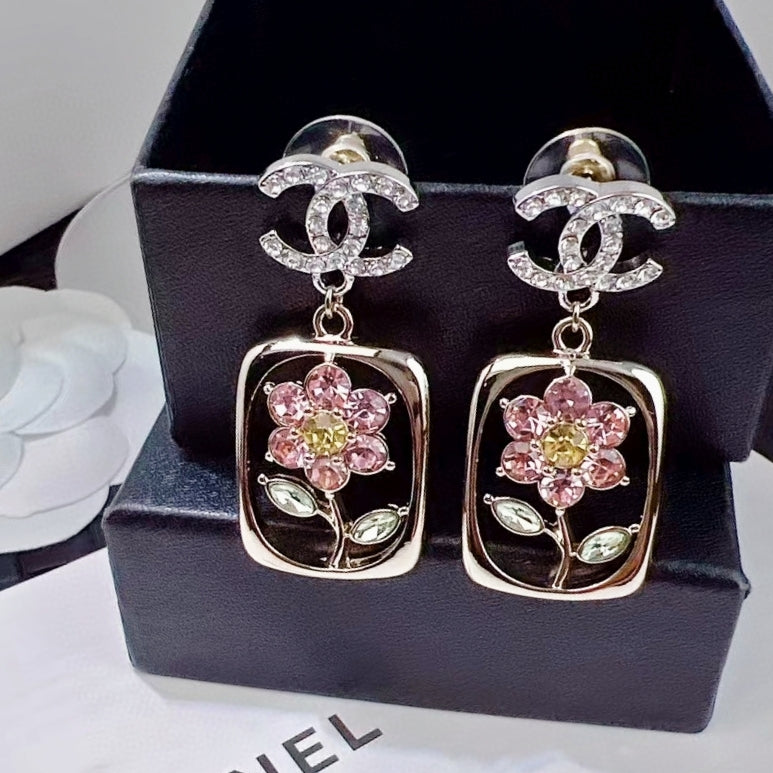 gold crystal floral Drop Earrings for women - alternate angle view 3