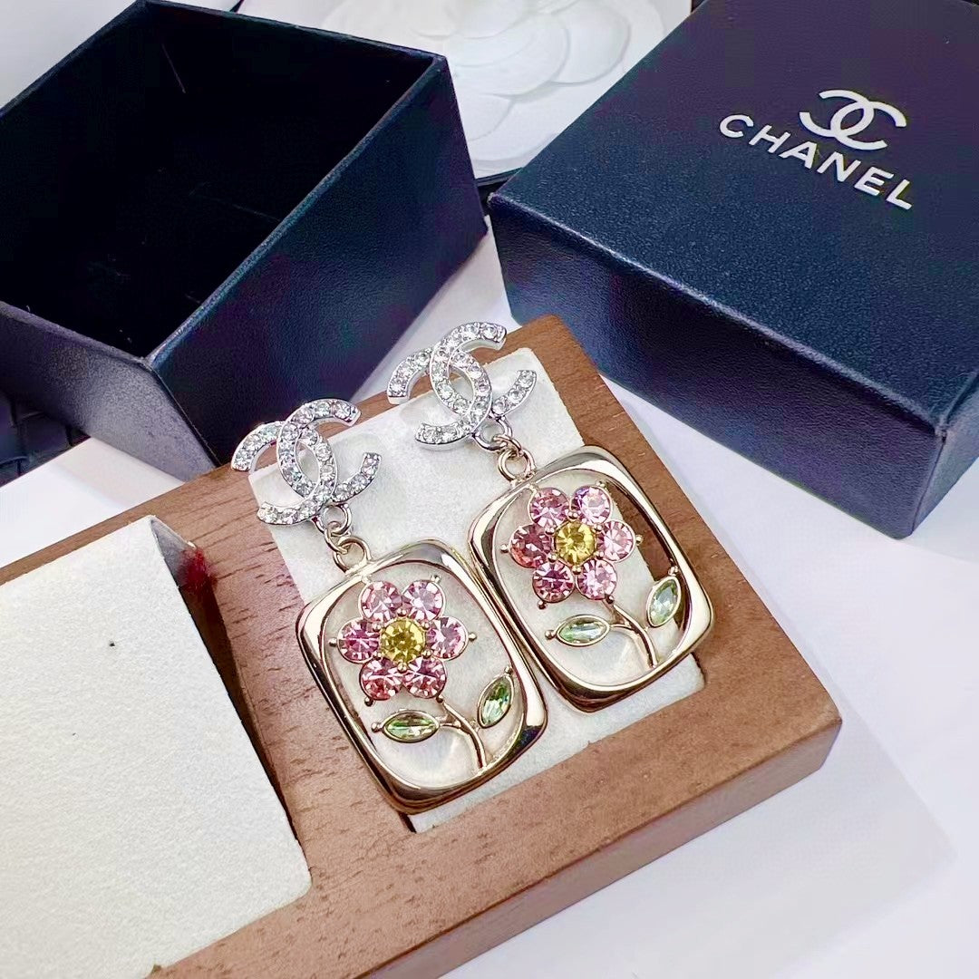 gold crystal floral Drop Earrings for women - product detail view
