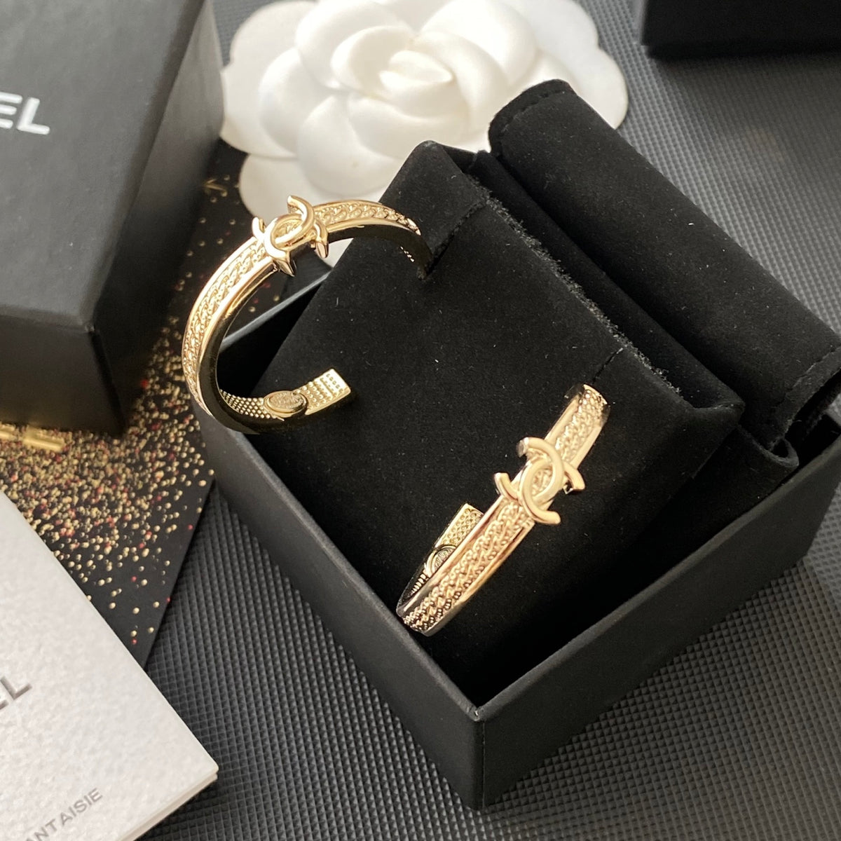 gold double c Drop Earrings for women - alternate angle view 3