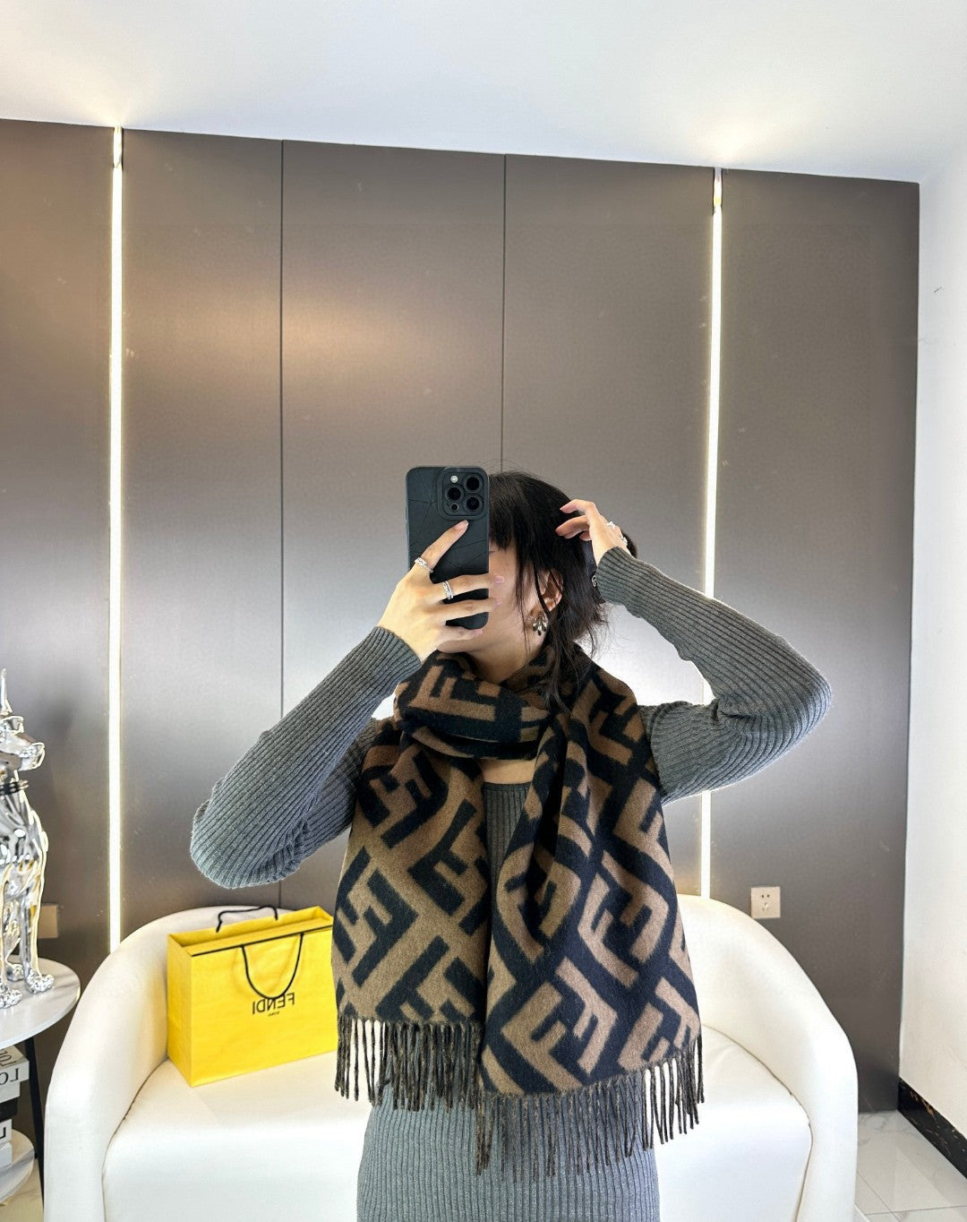 tan velvet floral Scarf for women - alternate angle view 2