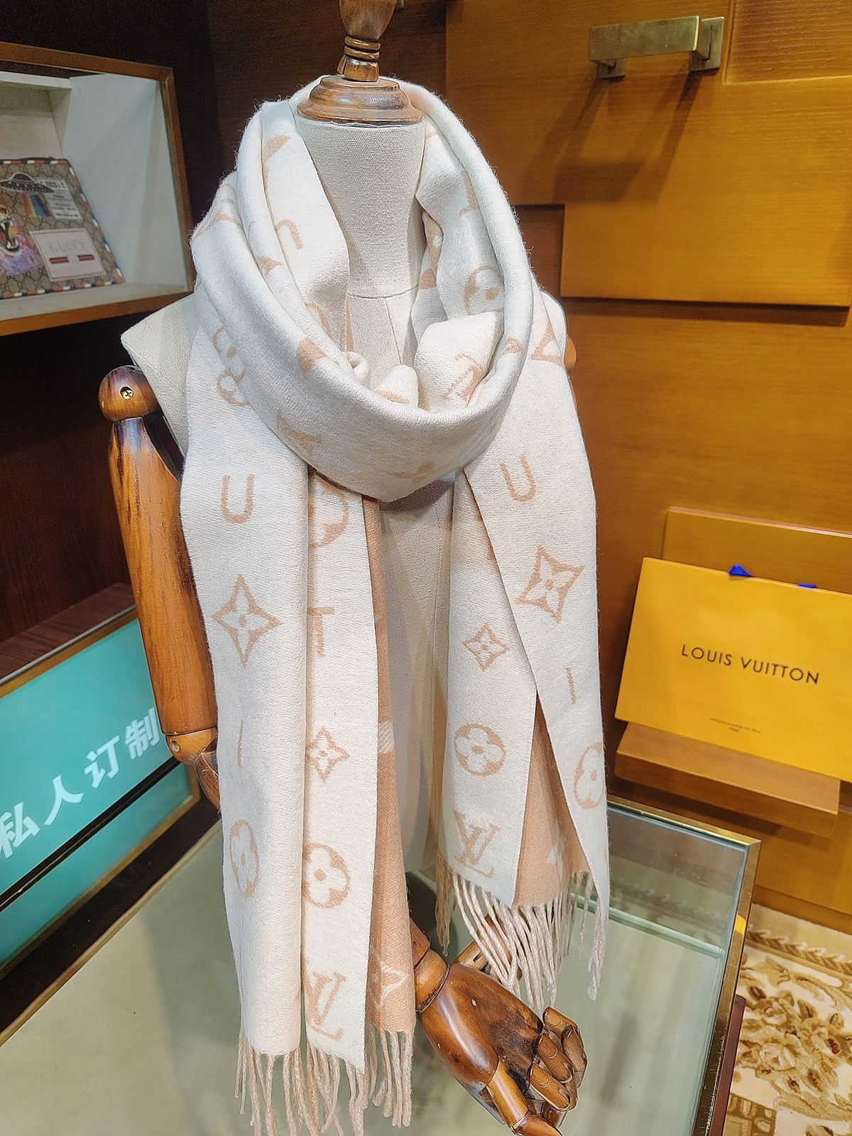 beige velvet floral Scarf for women - product detail view