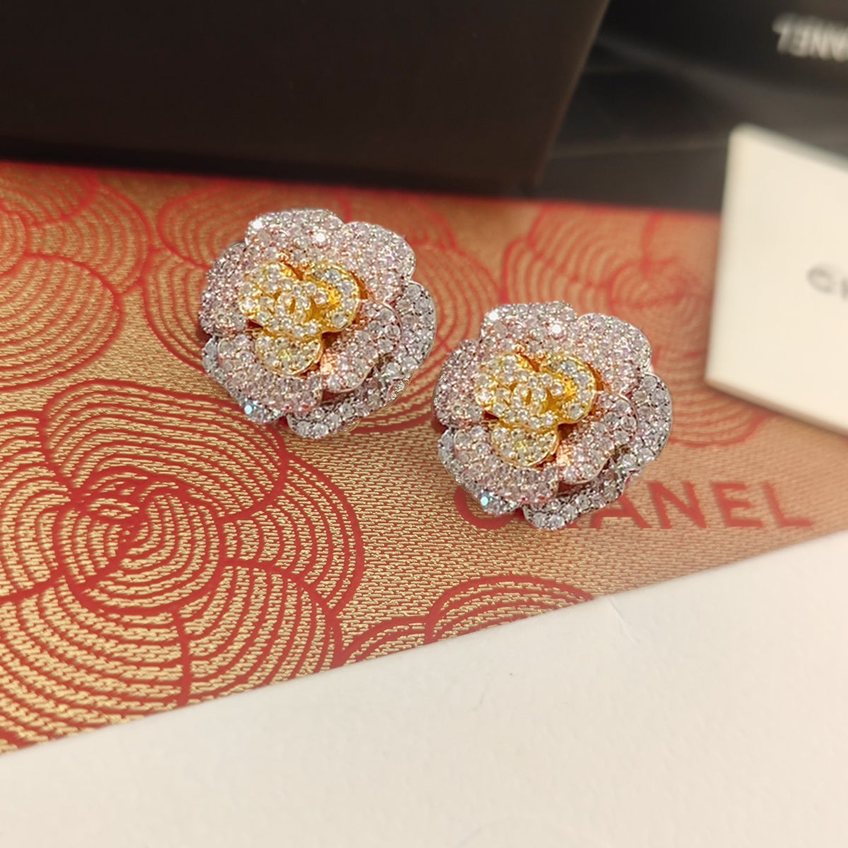 tricolor crystal floral Stud Earrings for women - product detail view
