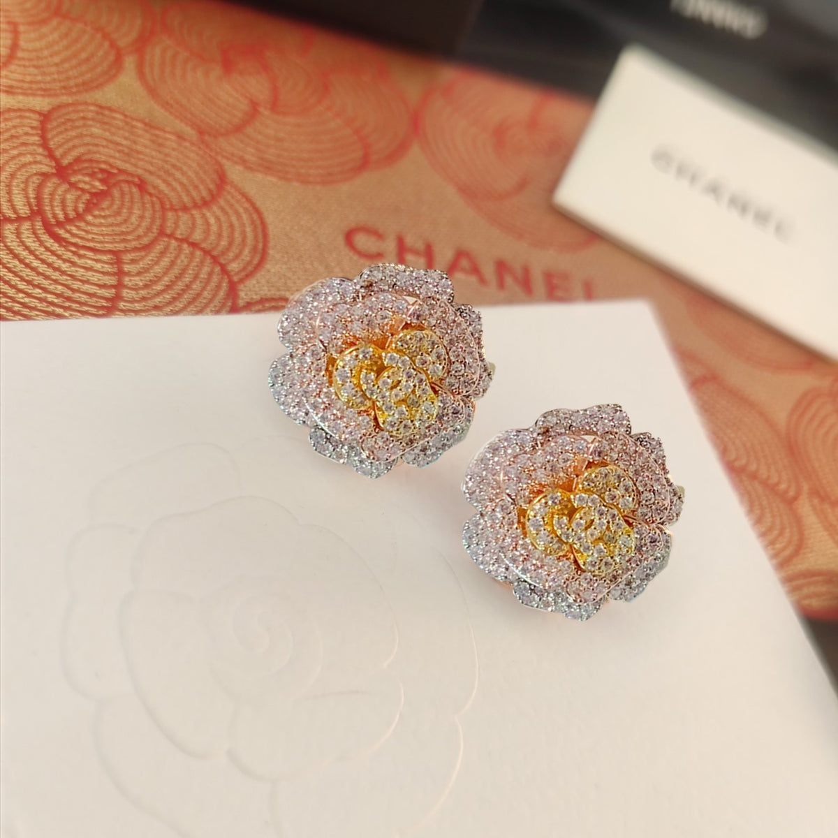 tricolor crystal floral Stud Earrings for women - alternate angle view 6